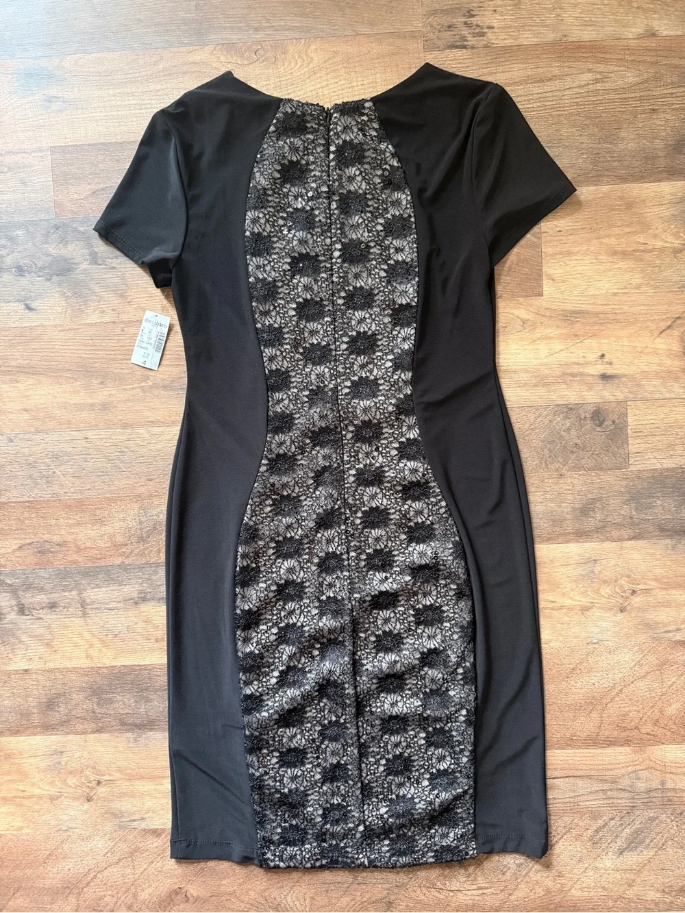 dressbarn Black Mini Dress with Textured Gray Floral Panel